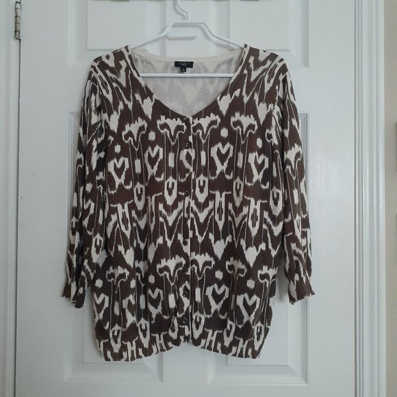 Talbots Women's Size 1X Brown Beige Ikat Pattern Cotton Silk Blend Cardigan - Picture 2 of 13